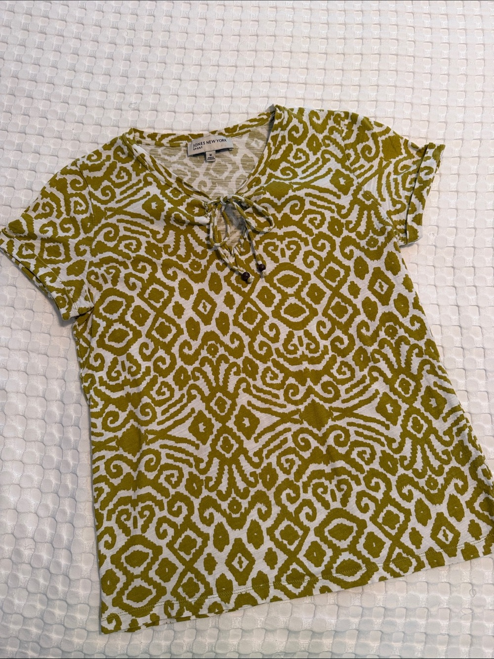 Jones New York Olive & White Tie-Detail Short Sleeve Top